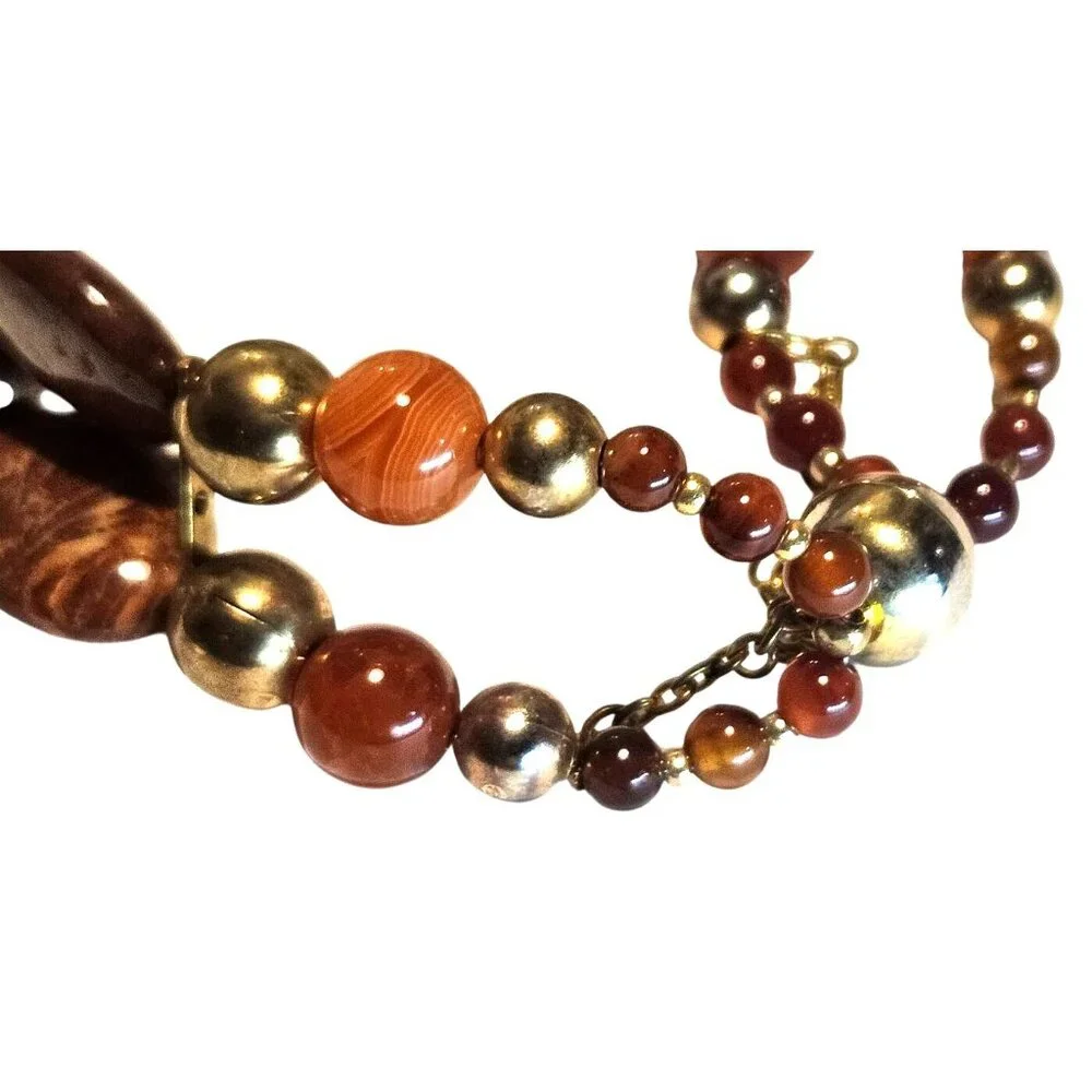 Vintage Bracelet Beaded Jasper Stone Gold-Tone Glass Magnetic Closure‎